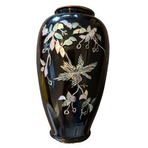 Vintage Asian Black Enamel Brass Vase Mother of Pearl Bird Floral 6 Inch